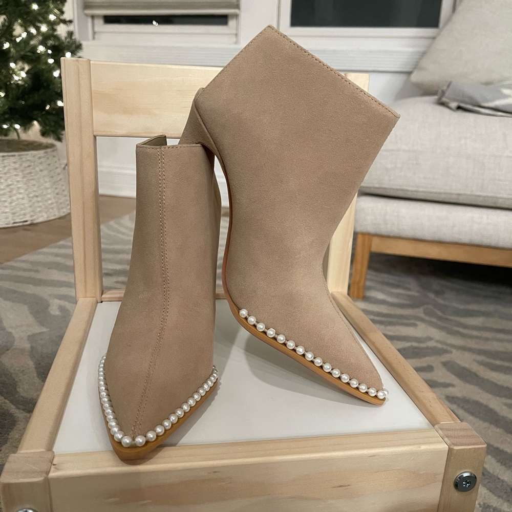❌SOLD Karl Lagerfeld Women Suede Tan Pearl Trimmed Ankle Stiletto Boot